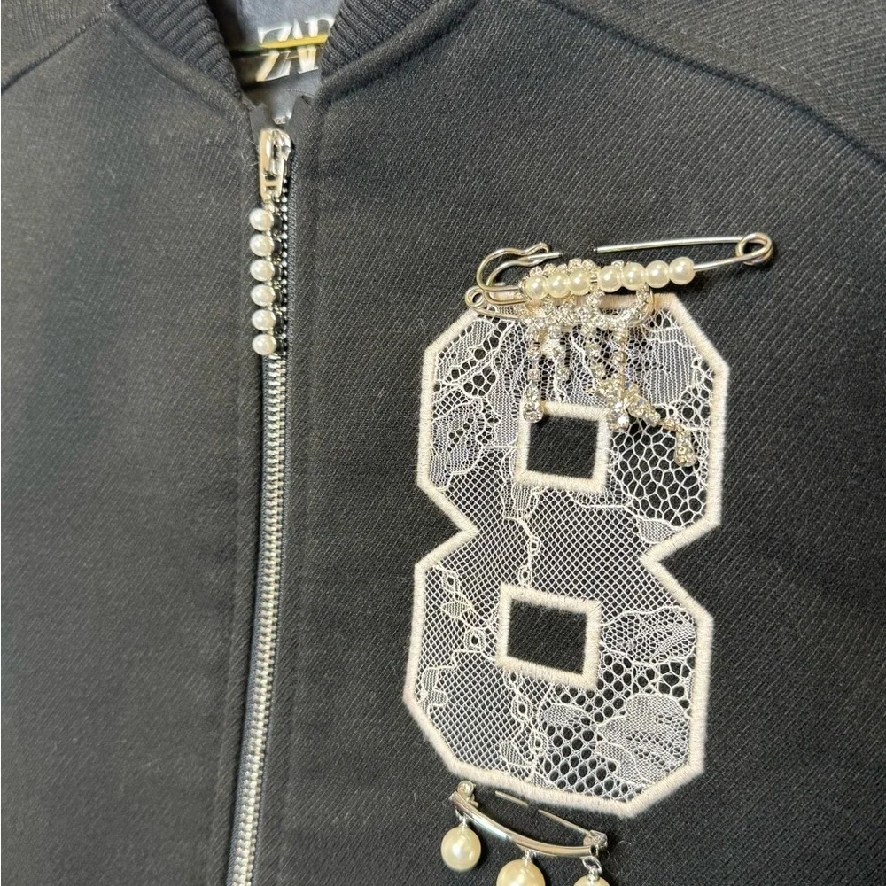 Zara Charcoal Bomber Jacket with Lace Detail